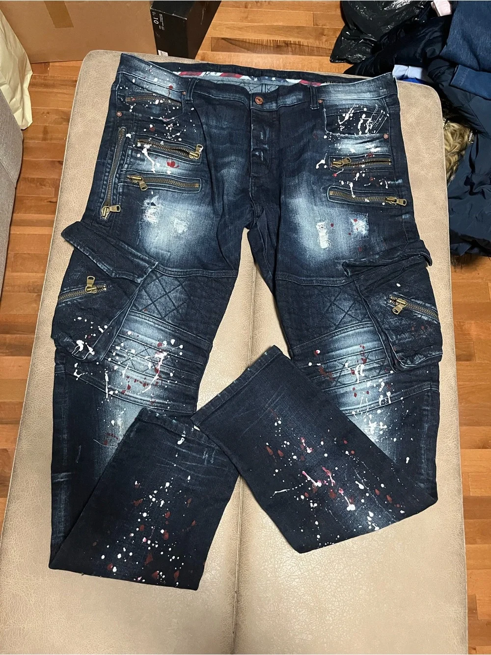 Rockstar Men's Dark Blue Distressed Paint-Splatter Jeans size 40